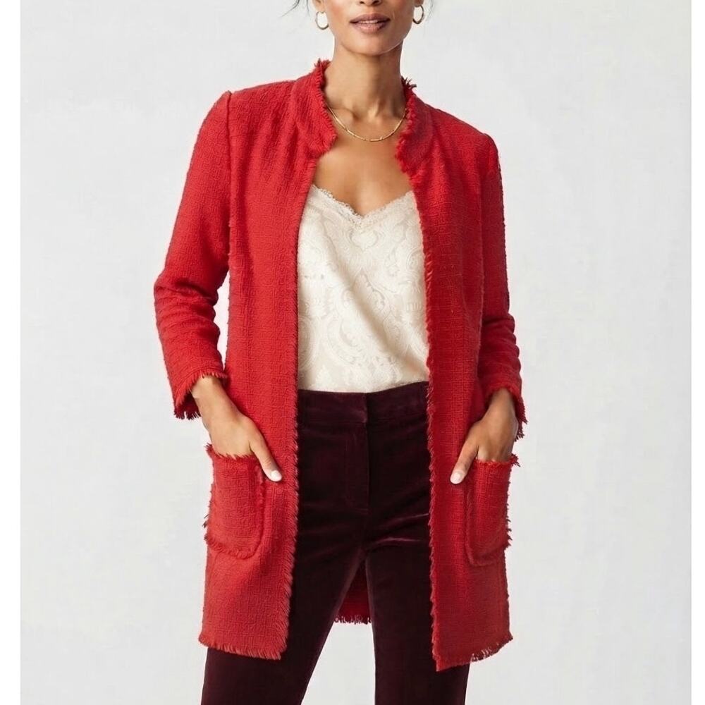 Chico's Red Textured Fringe Trim Open Front Long Cardigan Jacket Size 1 (8-10)